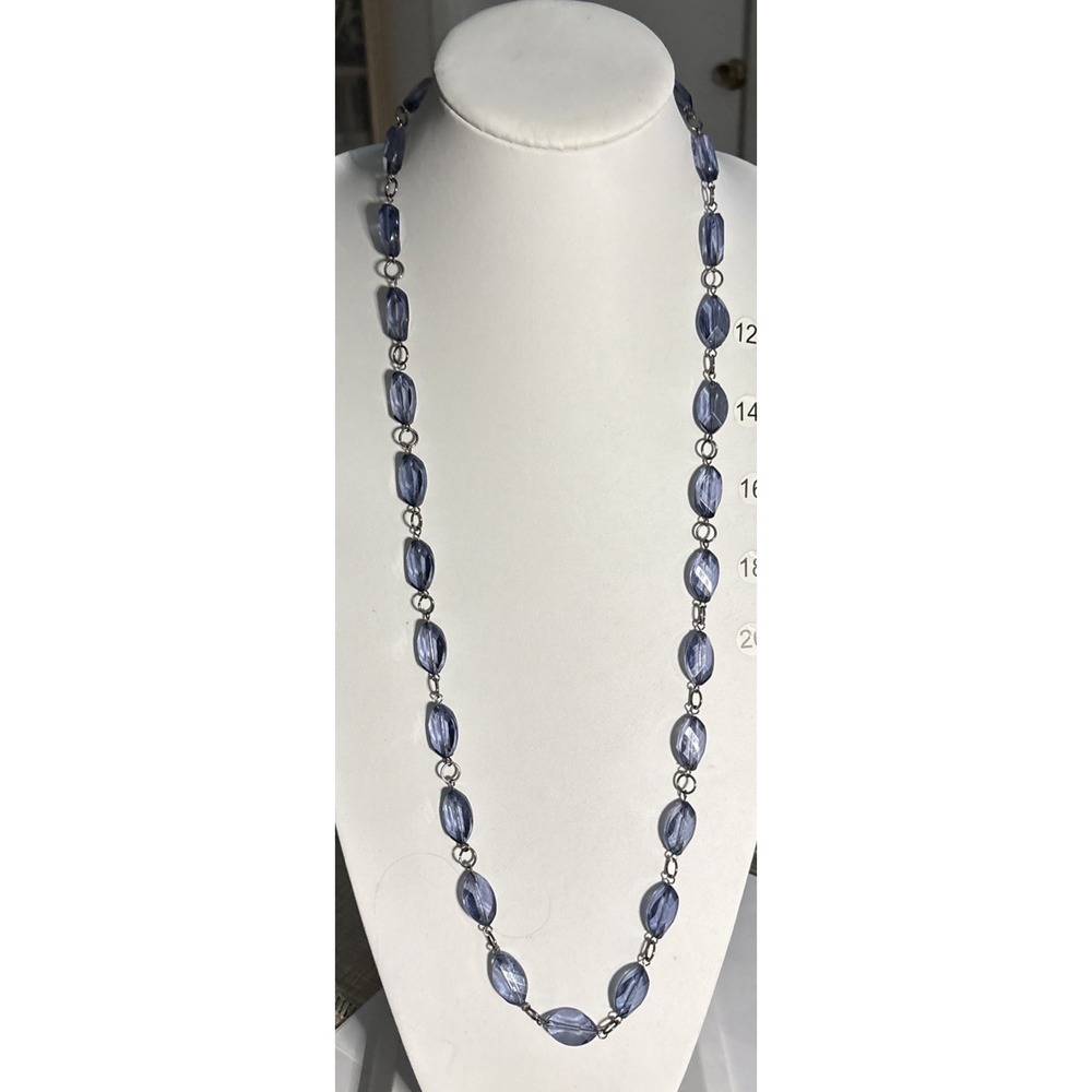 Long Blue Faceted Glass Bead Station Necklace Silver Tone Boho